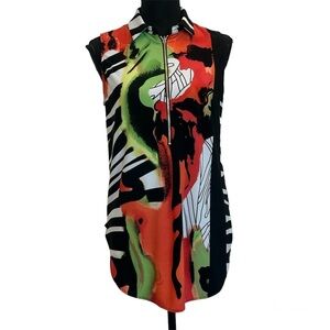FRANK Lyman design red orange multicoloured zebra sleeveless zipper blouse Sz 6